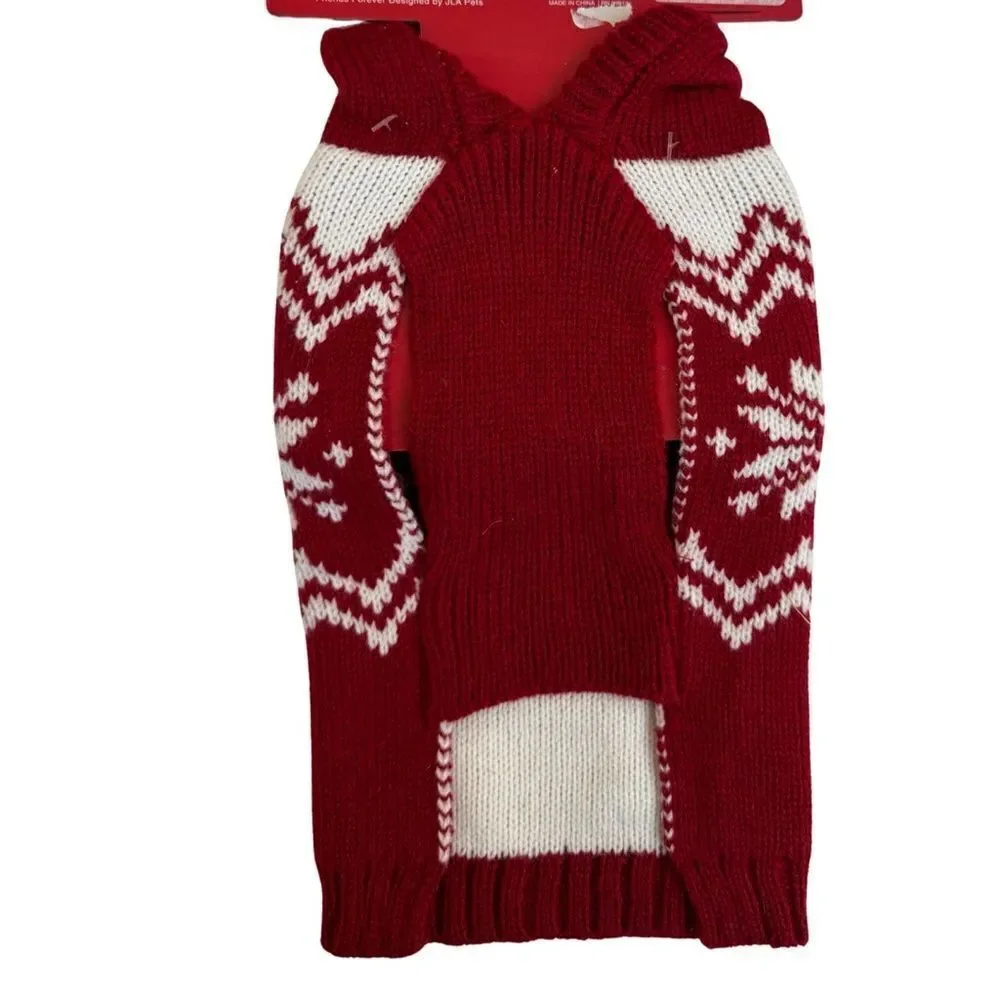 Friends Forever Knit Pet Holiday Snowflake Red White Ugly Sweater Hooded Pom NWT